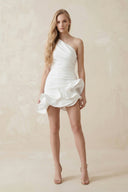 Ruffled One - Shoulder Satin Mini Wedding Dress in White - SHE IS ME Wedding Dresses