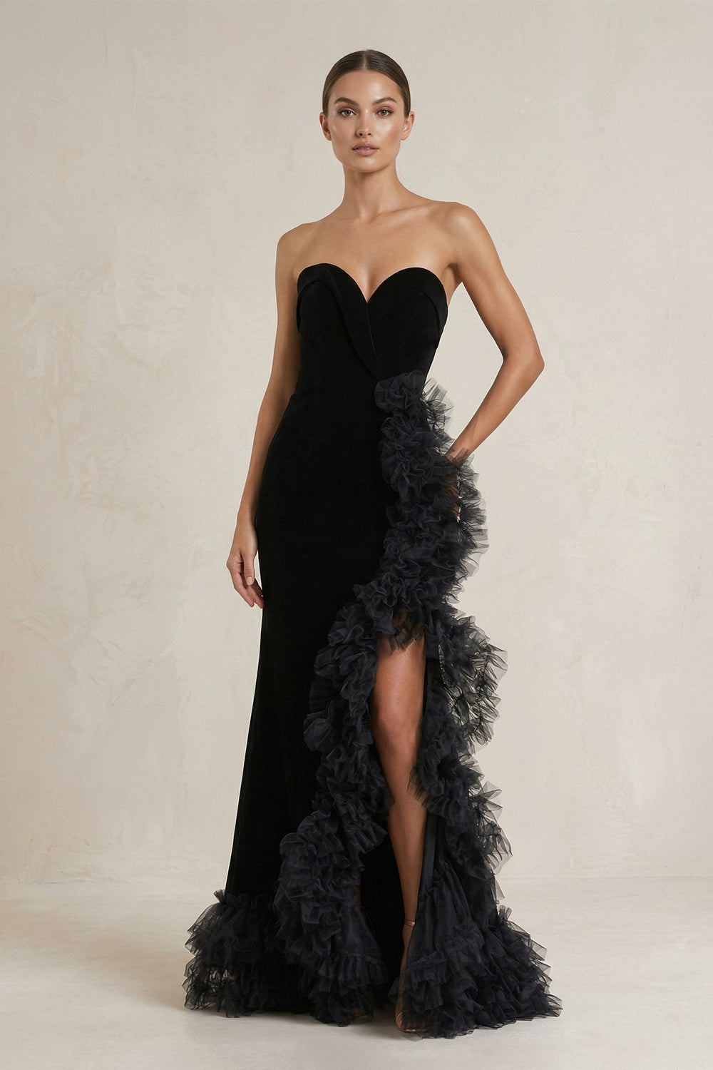 Ruffled Sheath Satin Sweetheart Wedding Dress with Slit in Black - SHE IS ME Wedding Dresses