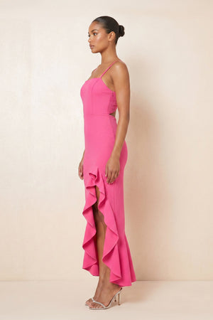 Ruffled Sheath Square Neck Keyhole Maxi Dress in Fuchsia - SHE IS ME Dresses