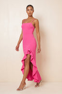 Ruffled Sheath Square Neck Keyhole Maxi Dress in Fuchsia - SHE IS ME Dresses