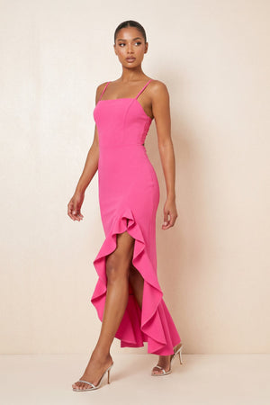 Ruffled Sheath Square Neck Keyhole Maxi Dress in Fuchsia - SHE IS ME Dresses