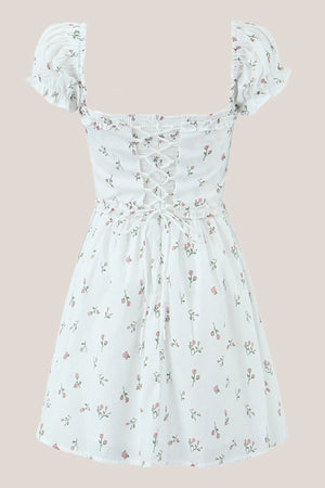 Ruffled Short Sleeves A - Line Vintage Rose Printed Cotton Mini Dress - SHE IS ME Dresses
