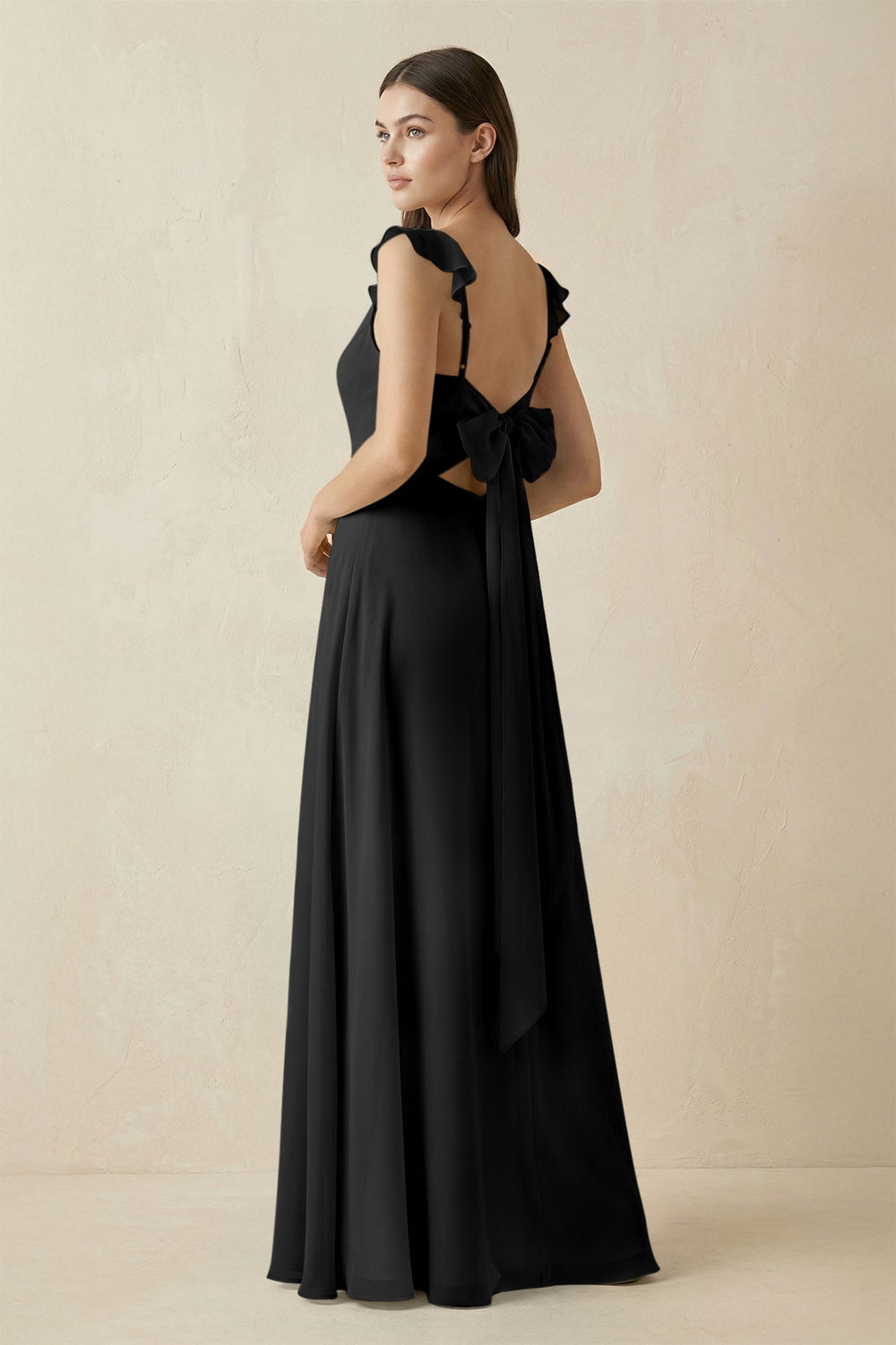 Ruffled Sleeve A - Line Chiffon Bridesmaid Dress in Black - SHE IS ME Bridesmaid Dresses