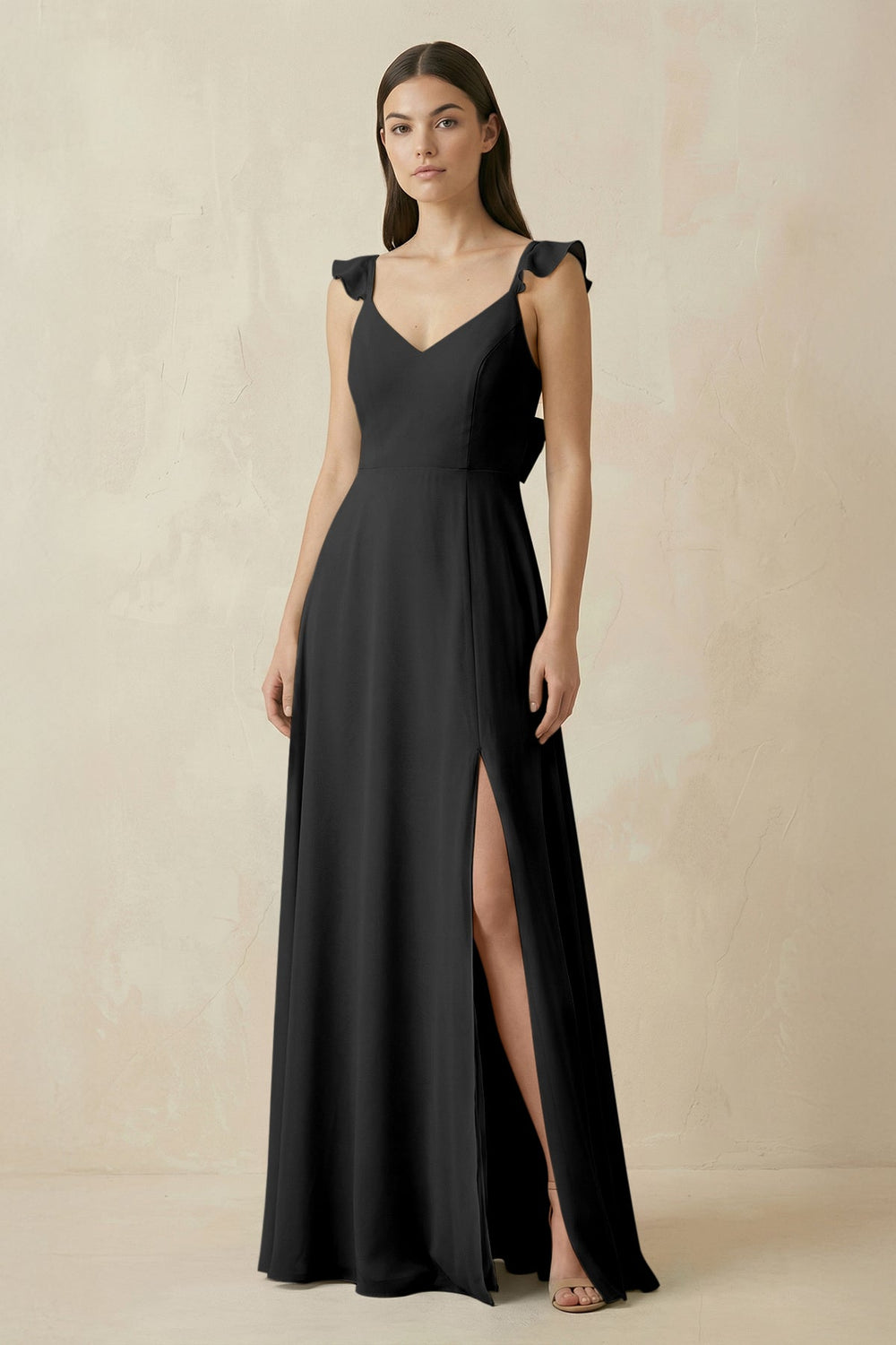 Ruffled Sleeve A - Line Chiffon Bridesmaid Dress in Black - SHE IS ME Bridesmaid Dresses