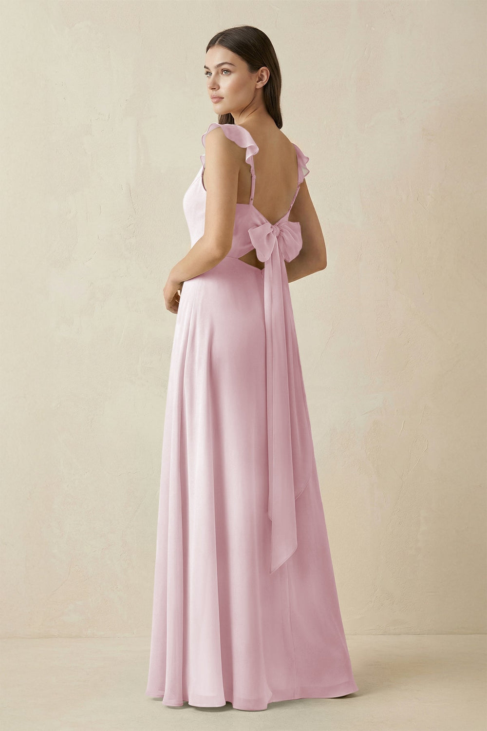 Ruffled Sleeve A - Line Chiffon Bridesmaid Dress in Candy Pink - SHE IS ME Bridesmaid Dresses