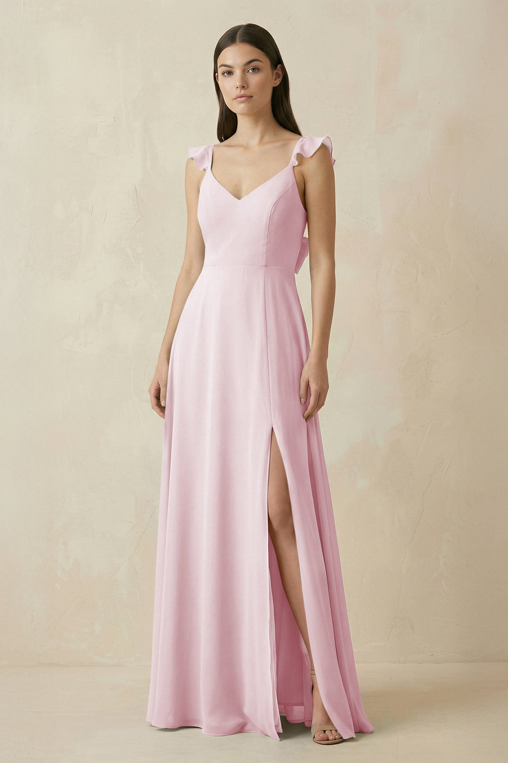 Ruffled Sleeve A - Line Chiffon Bridesmaid Dress in Candy Pink - SHE IS ME Bridesmaid Dresses