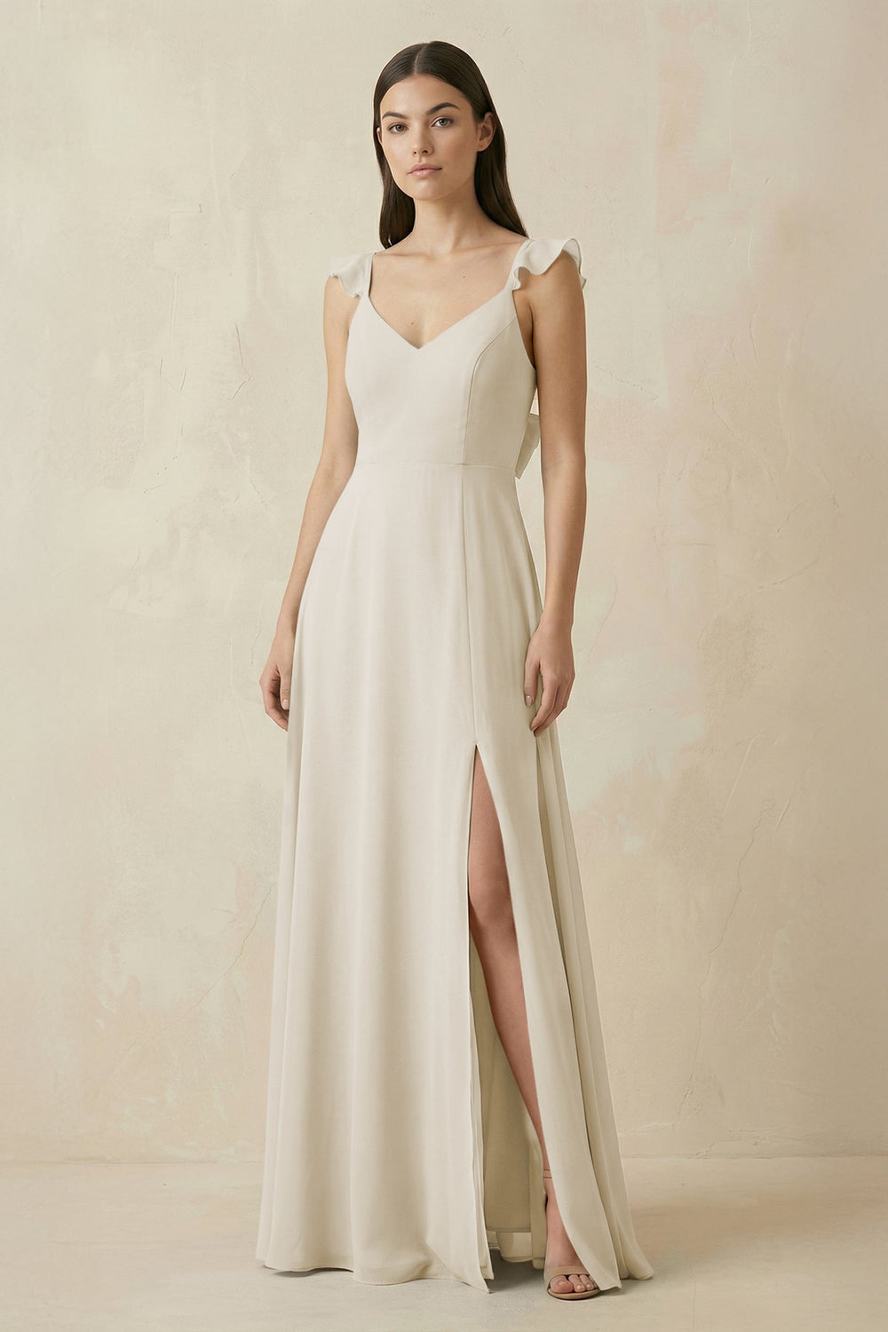 Ruffled Sleeve A - Line Chiffon Bridesmaid Dress in Dove Gray - SHE IS ME Bridesmaid Dresses