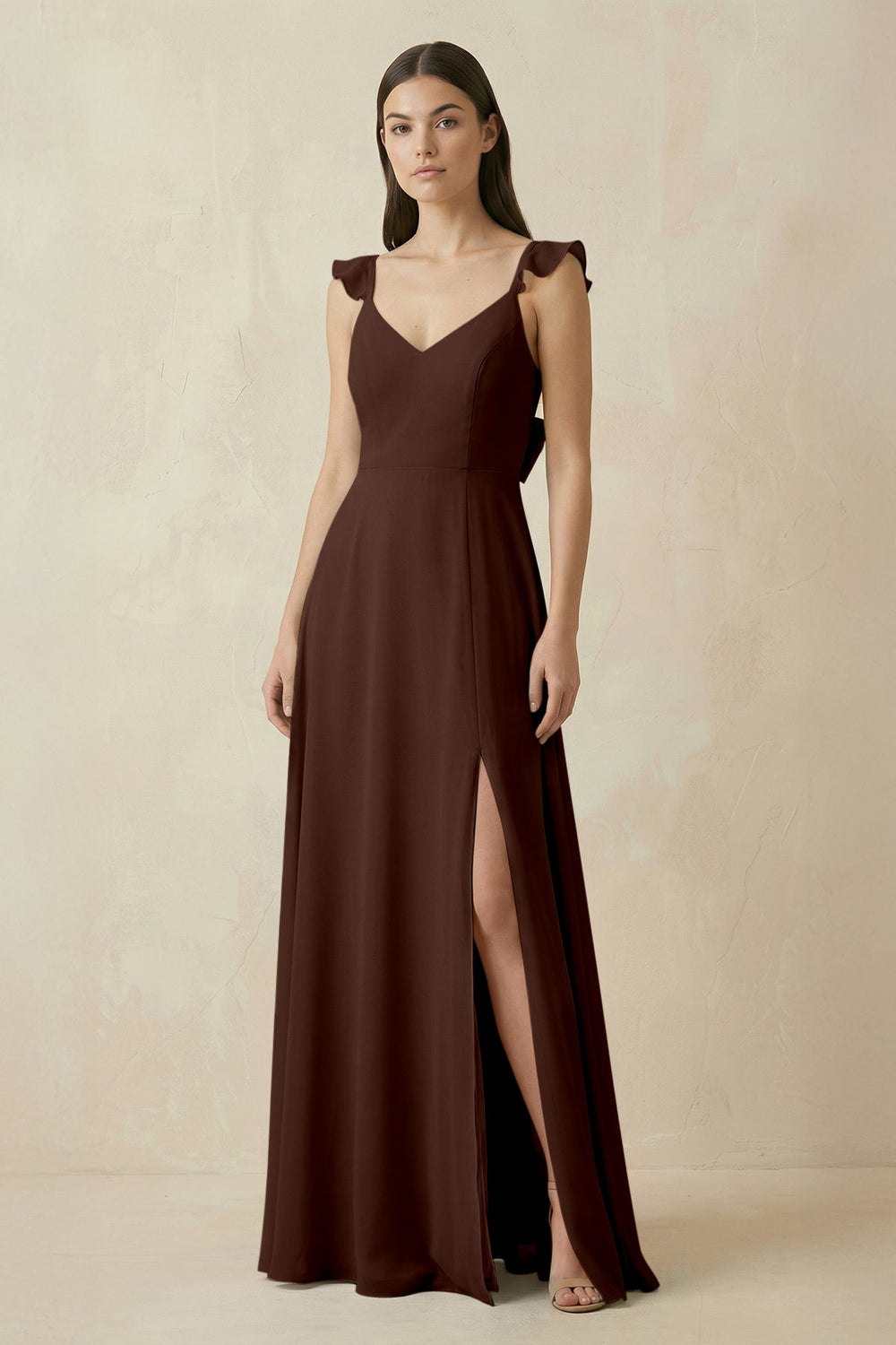 Ruffled Sleeve A - Line Chiffon Bridesmaid Dress in Espresso - SHE IS ME Bridesmaid Dresses
