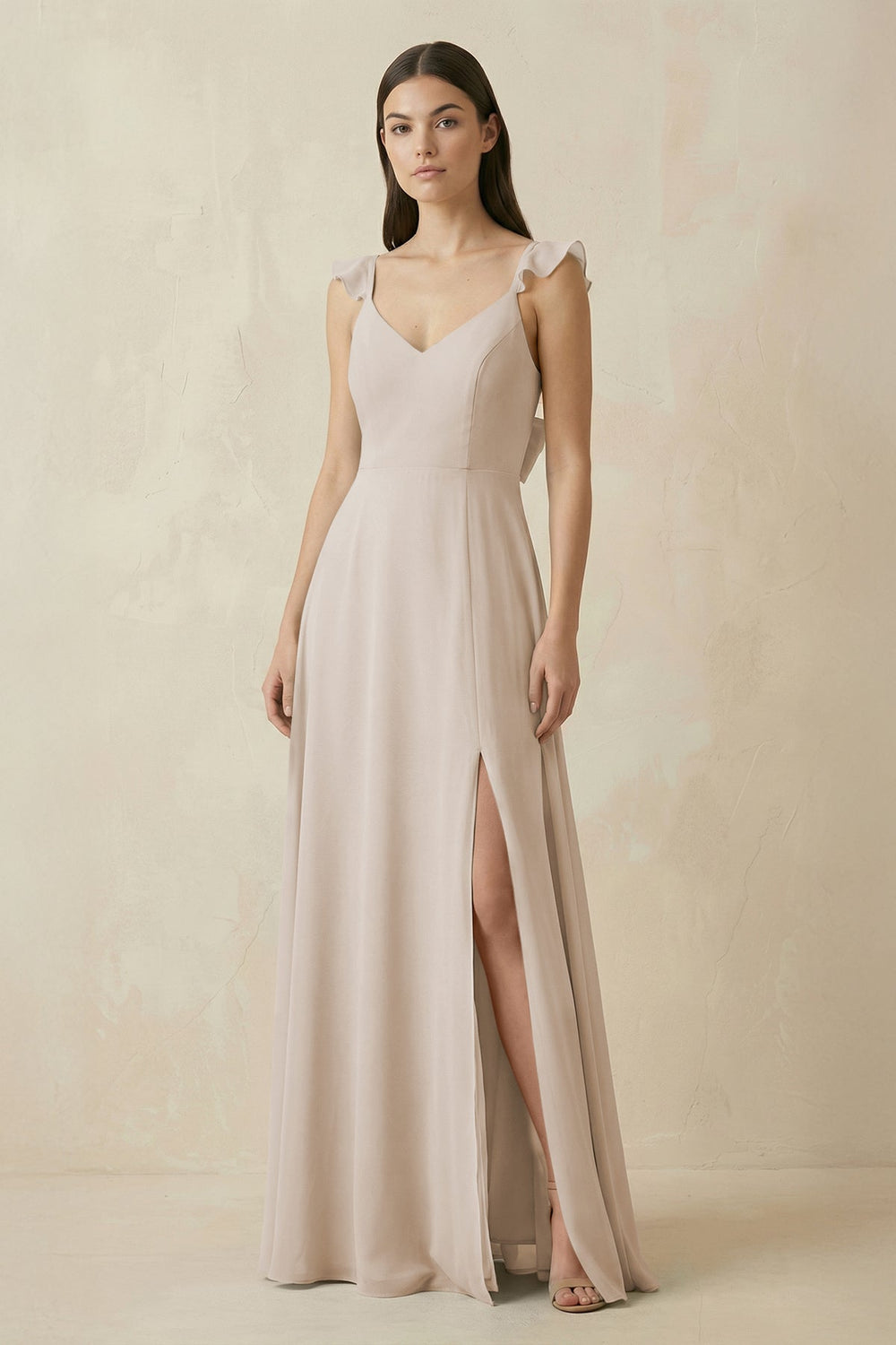 Ruffled Sleeve A - Line Chiffon Bridesmaid Dress in Frost - SHE IS ME Bridesmaid Dresses