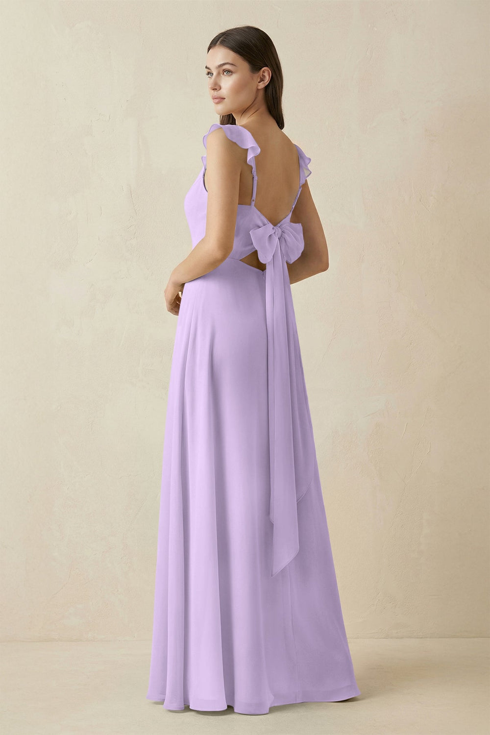 Ruffled Sleeve A - Line Chiffon Bridesmaid Dress in Lavender - SHE IS ME Bridesmaid Dresses