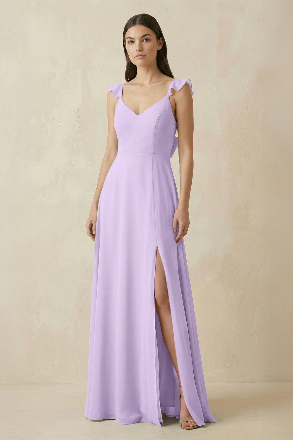 Ruffled Sleeve A - Line Chiffon Bridesmaid Dress in Lavender - SHE IS ME Bridesmaid Dresses