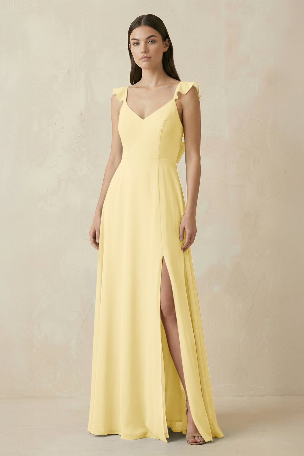Ruffled Sleeve A - Line Chiffon Bridesmaid Dress in Pastel Yellow - SHE IS ME Bridesmaid Dresses