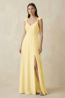 Ruffled Sleeve A - Line Chiffon Bridesmaid Dress in Pastel Yellow - SHE IS ME Bridesmaid Dresses