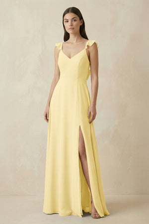 Ruffled Sleeve A - Line Chiffon Bridesmaid Dress in Pastel Yellow - SHE IS ME Bridesmaid Dresses