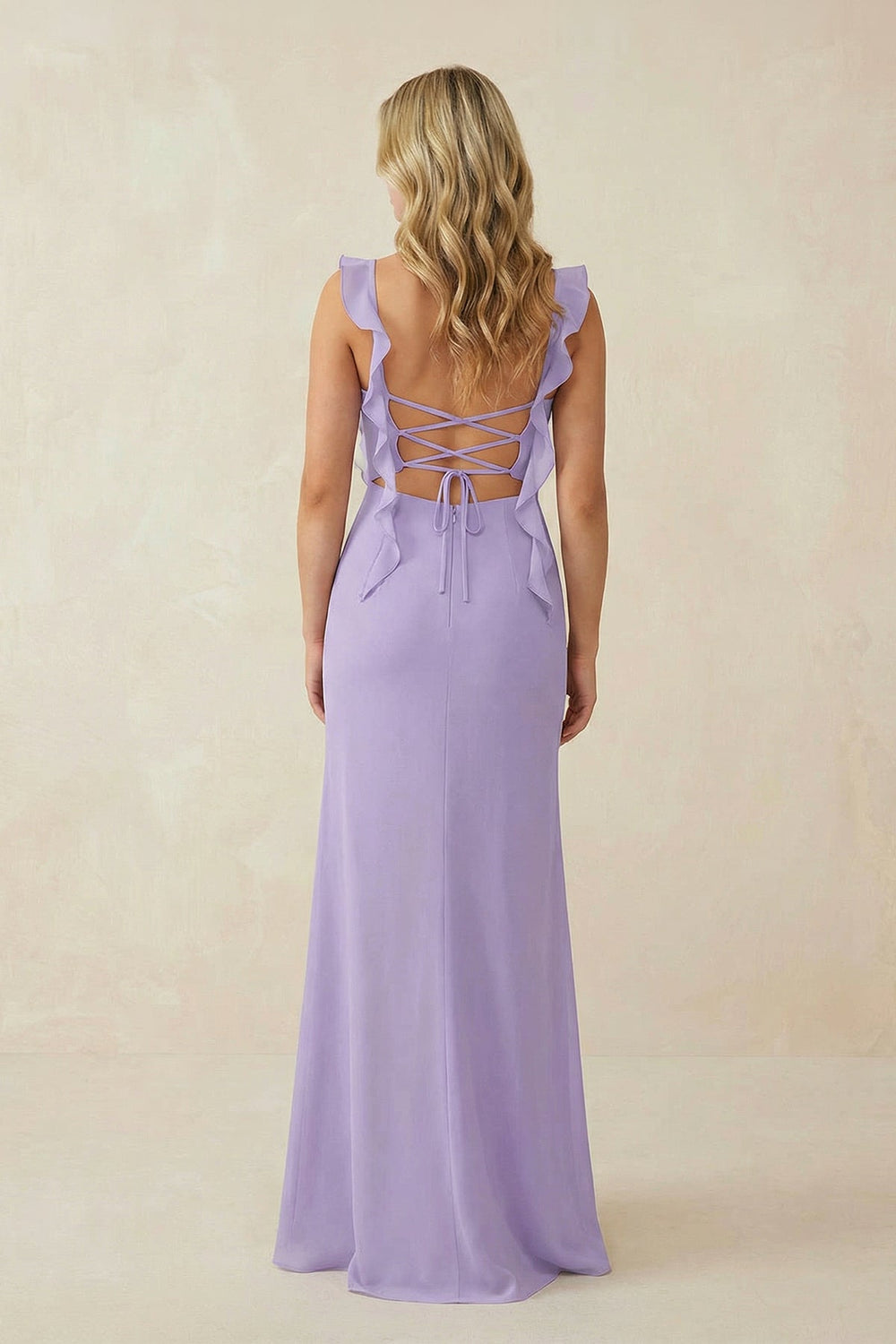 Ruffled Sleeve Ruched Sheath Chiffon Bridesmaid Dress in Lavender - SHE IS ME BRIDESMAID DRESSES