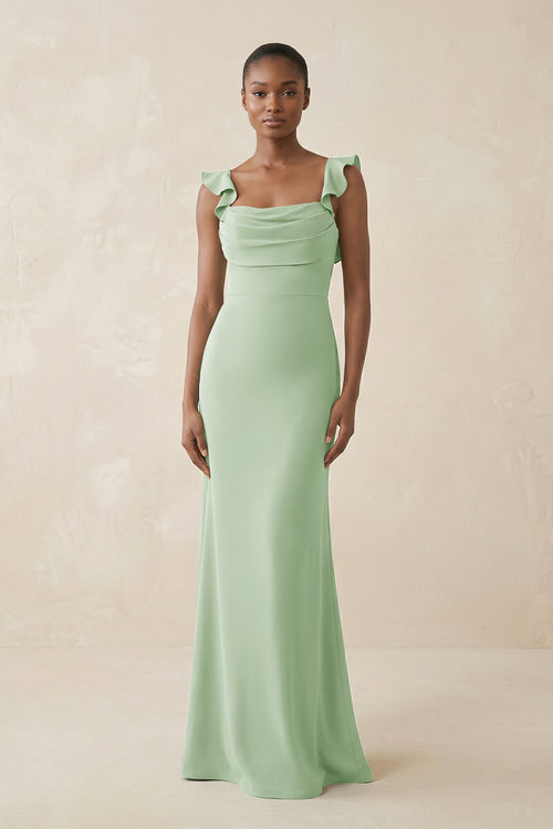 Ruffled Sleeve Sheath Satin Bridesmaid Dress in Sage - SHE IS ME Bridesmaid Dresses