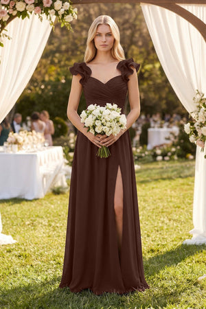 Ruffled Sleeves A - Line Chiffon Sweetheart Bridesmaid Dress in Espresso - SHE IS ME Bridesmaid Dresses