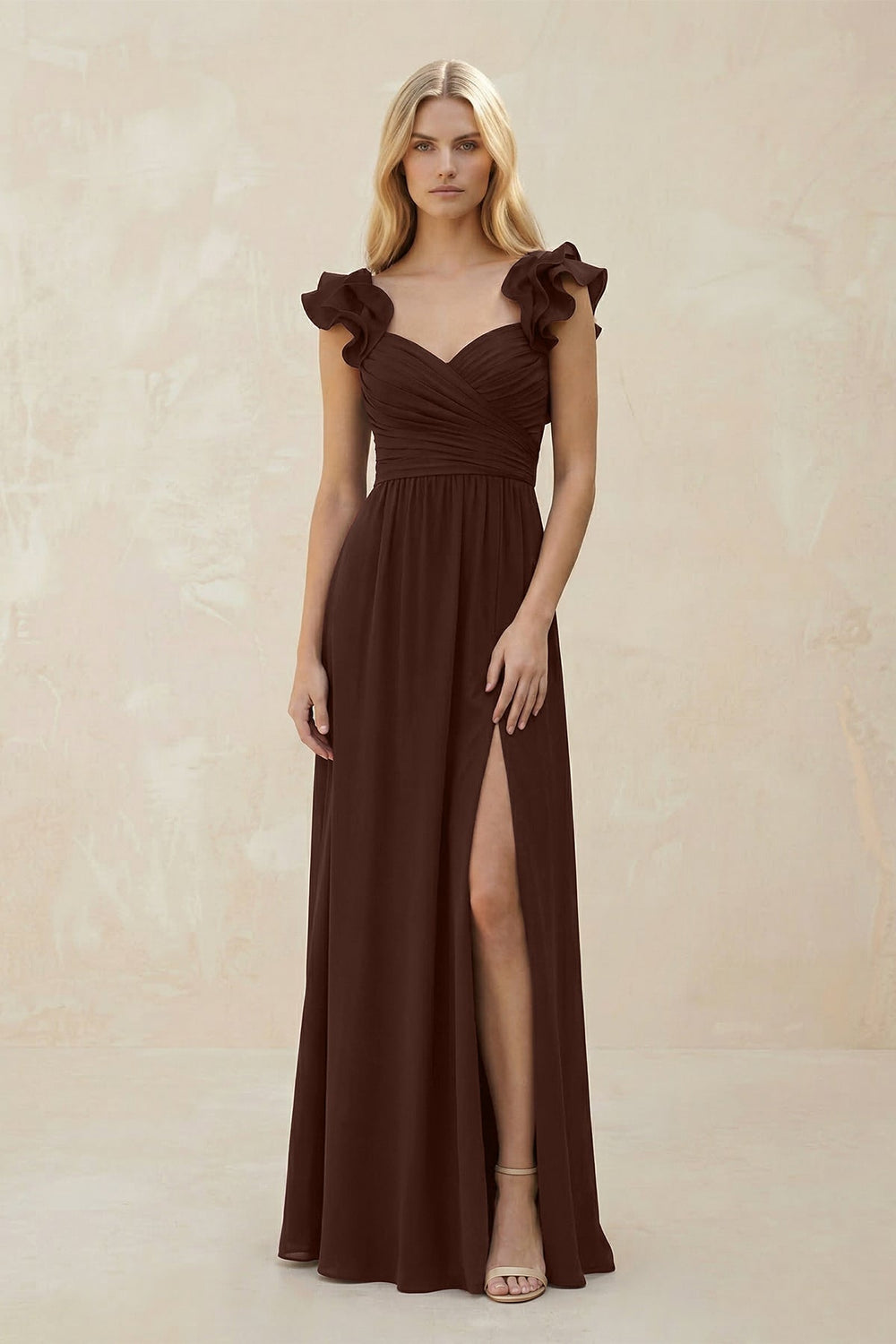 Ruffled Sleeves A - Line Chiffon Sweetheart Bridesmaid Dress in Espresso - SHE IS ME Bridesmaid Dresses