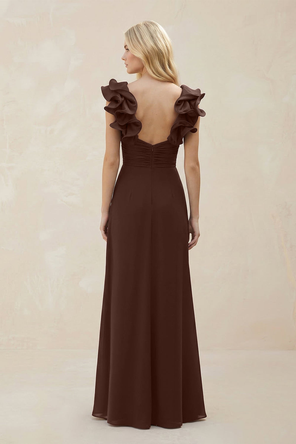 Ruffled Sleeves A - Line Chiffon Sweetheart Bridesmaid Dress in Espresso - SHE IS ME Bridesmaid Dresses