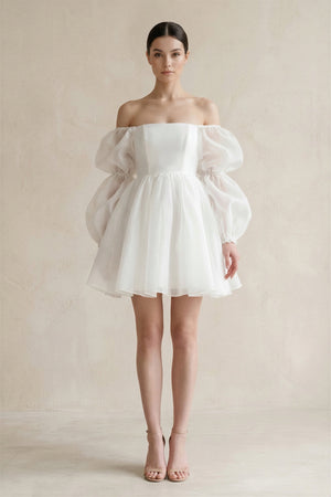 Ruffled Sleeves A - Line Tulle Mini Wedding Dress in White - SHE IS ME Wedding Dresses