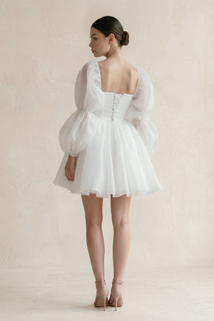Ruffled Sleeves A - Line Tulle Mini Wedding Dress in White - SHE IS ME Wedding Dresses