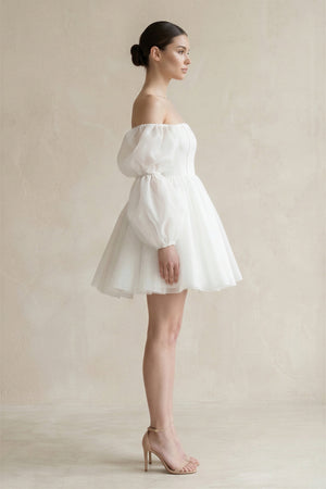 Ruffled Sleeves A - Line Tulle Mini Wedding Dress in White - SHE IS ME Wedding Dresses