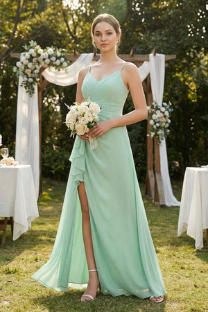 A-Line Ruffled Spaghetti Strap Chiffon Bridesmaid Dress in Pale Pistachio - SHE IS ME BRIDESMAID DRESSES