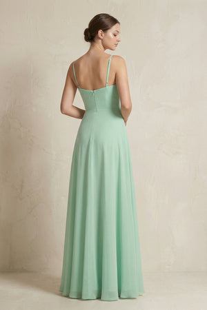 A-Line Ruffled Spaghetti Strap Chiffon Bridesmaid Dress in Pale Pistachio - SHE IS ME BRIDESMAID DRESSES