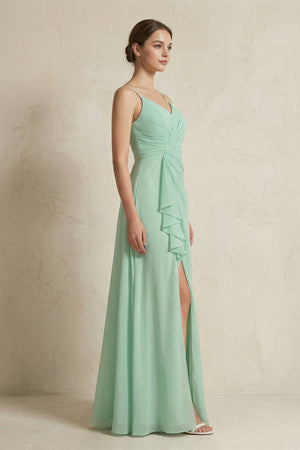 A-Line Ruffled Spaghetti Strap Chiffon Bridesmaid Dress in Pale Pistachio - SHE IS ME BRIDESMAID DRESSES