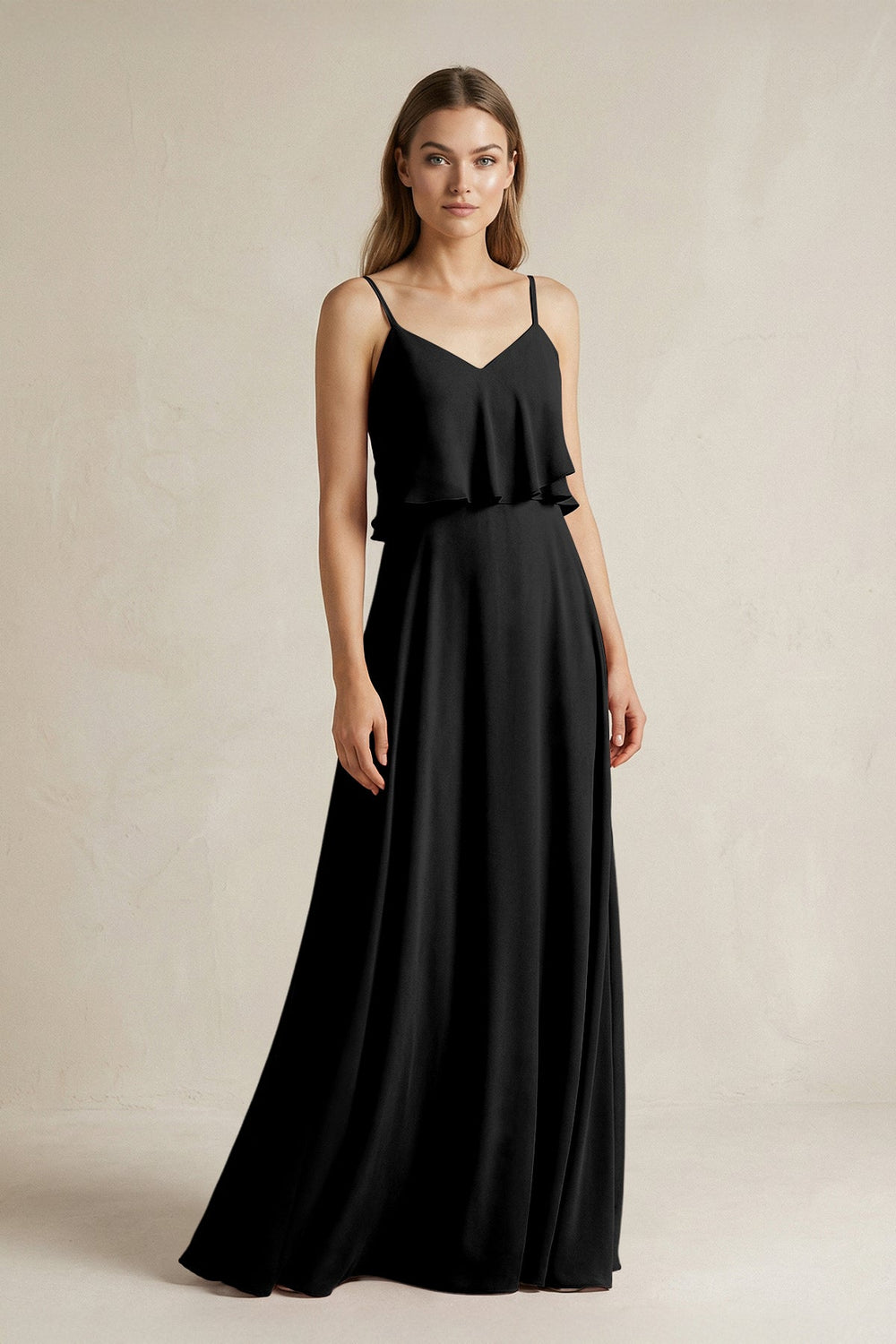 Ruffled Spaghetti Strap A - Line Chiffon Bridesmaid Dress in Black - SHE IS ME Bridesmaid Dresses