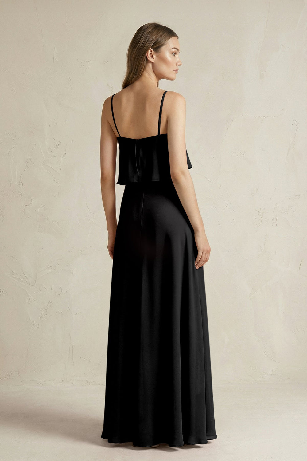 Ruffled Spaghetti Strap A - Line Chiffon Bridesmaid Dress in Black - SHE IS ME Bridesmaid Dresses