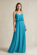 Ruffled Spaghetti Strap A - Line Chiffon Bridesmaid Dress in Blue Jay - SHE IS ME Bridesmaid Dresses