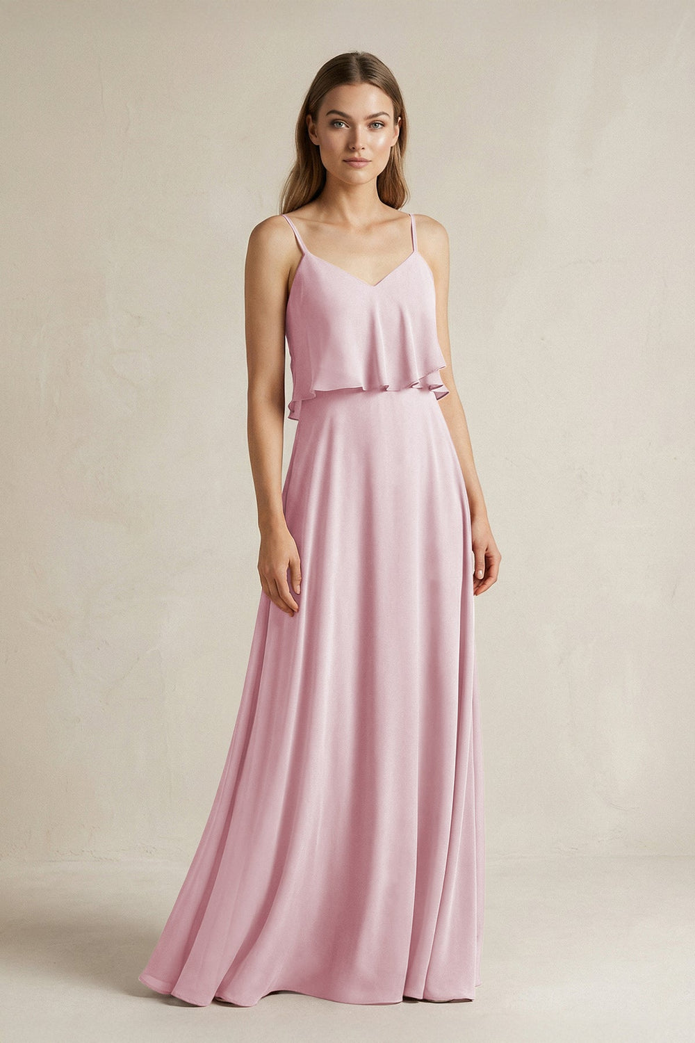 Ruffled Spaghetti Strap A - Line Chiffon Bridesmaid Dress in Candy Pink - SHE IS ME Bridesmaid Dresses
