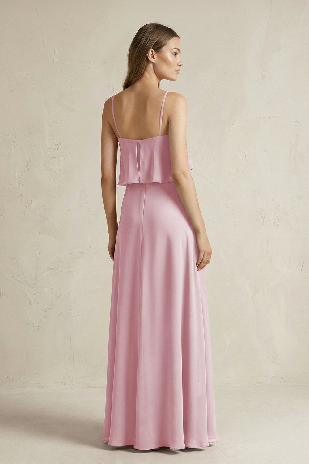 Ruffled Spaghetti Strap A - Line Chiffon Bridesmaid Dress in Candy Pink - SHE IS ME Bridesmaid Dresses