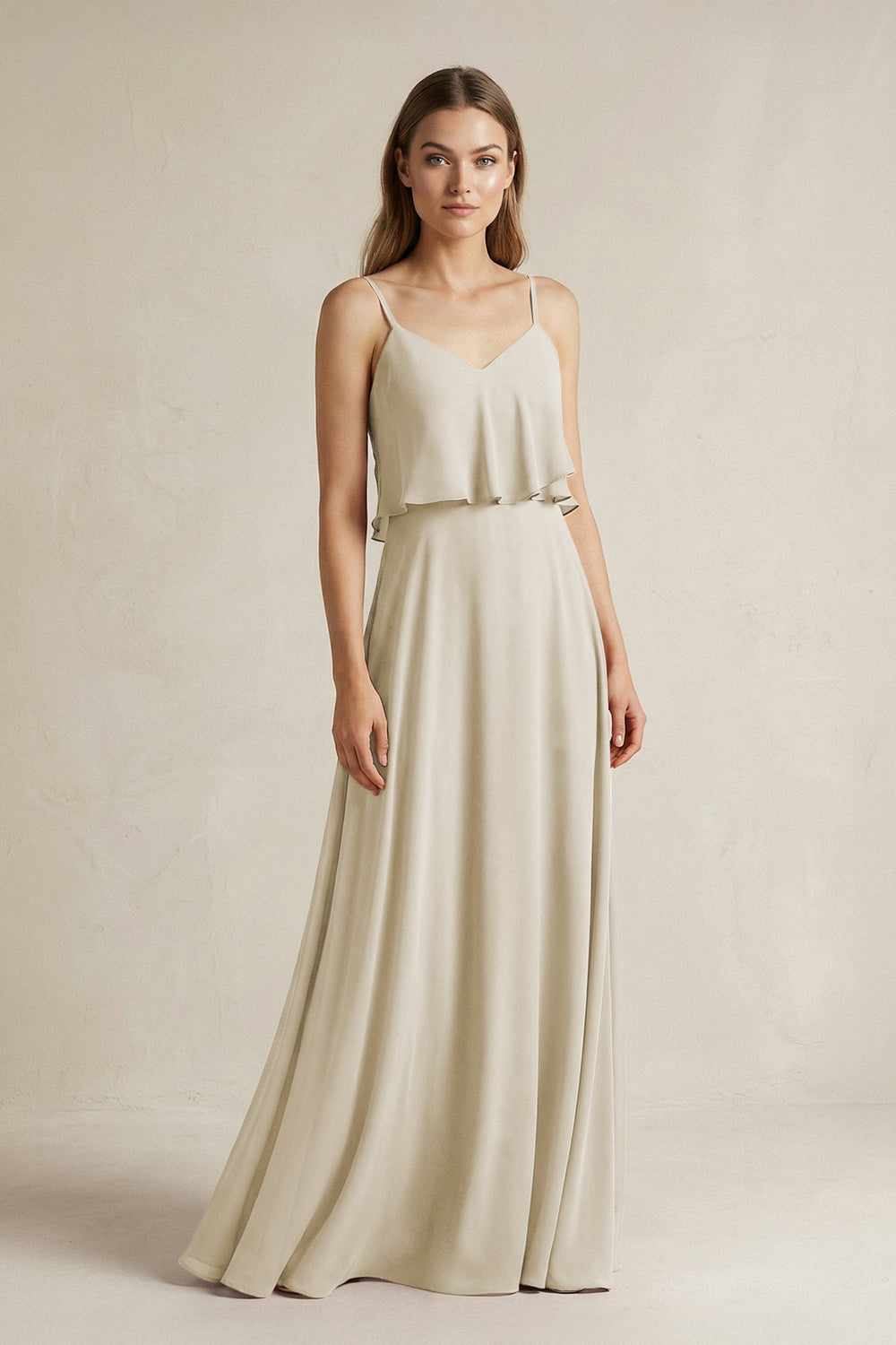 Ruffled Spaghetti Strap A - Line Chiffon Bridesmaid Dress in Dove Gray - SHE IS ME Bridesmaid Dresses