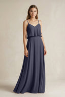 Ruffled Spaghetti Strap A - Line Chiffon Bridesmaid Dress in Dusk Blue - SHE IS ME Bridesmaid Dresses