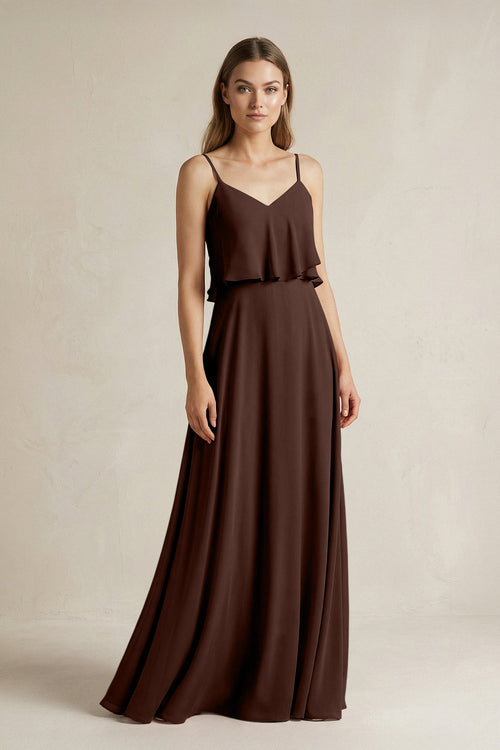 Ruffled Spaghetti Strap A - Line Chiffon Bridesmaid Dress in Espresso - SHE IS ME Bridesmaid Dresses