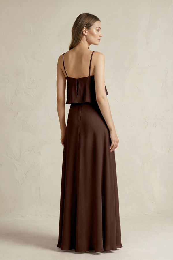 Ruffled Spaghetti Strap A - Line Chiffon Bridesmaid Dress in Espresso - SHE IS ME Bridesmaid Dresses