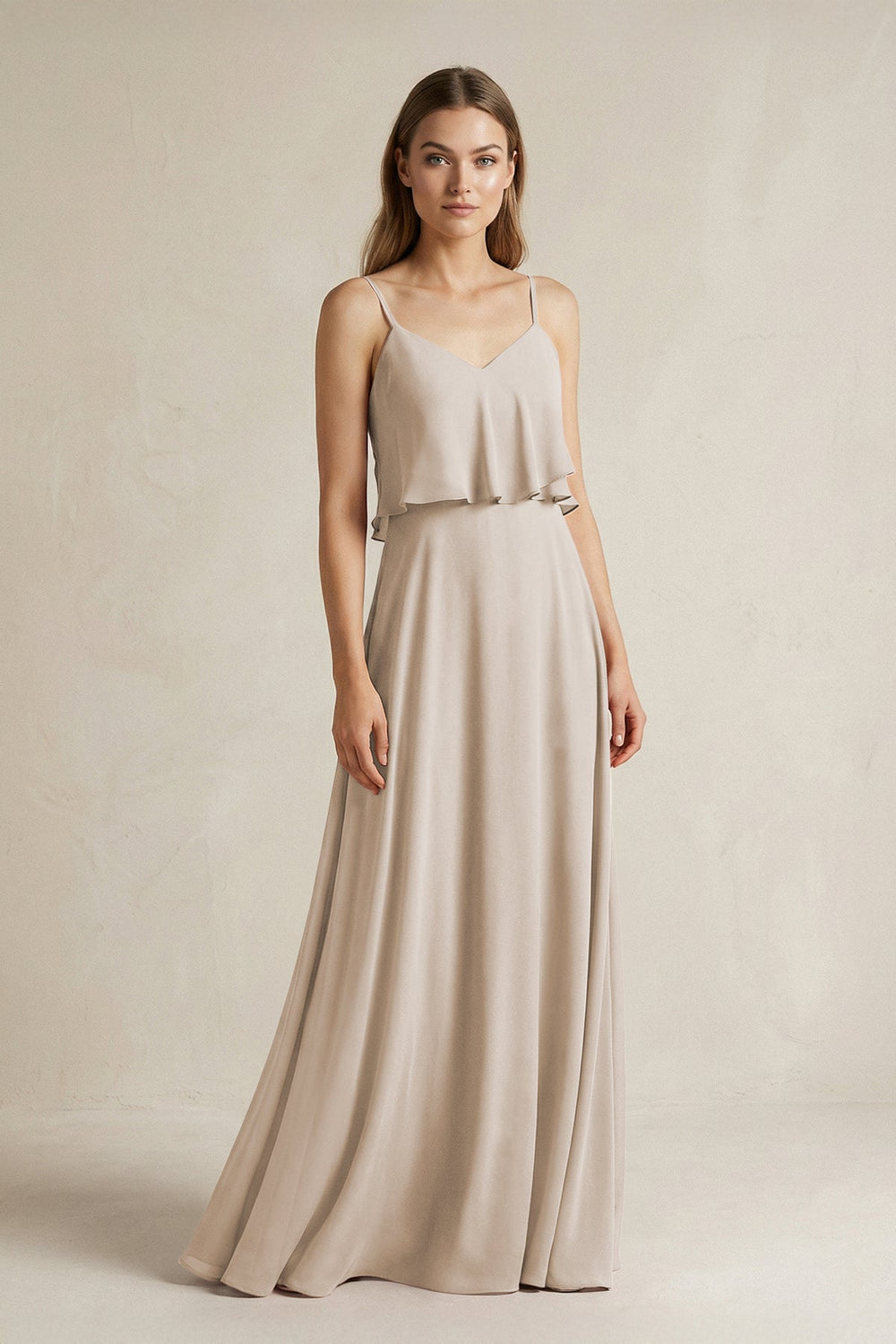 Ruffled Spaghetti Strap A - Line Chiffon Bridesmaid Dress in Frost - SHE IS ME Bridesmaid Dresses
