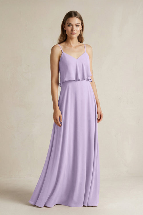 Ruffled Spaghetti Strap A - Line Chiffon Bridesmaid Dress in Lavender - SHE IS ME Bridesmaid Dresses