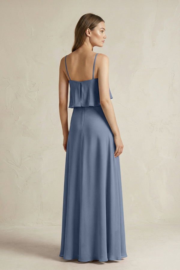 Ruffled Spaghetti Strap A - Line Chiffon Bridesmaid Dress in Neptune - SHE IS ME Bridesmaid Dresses