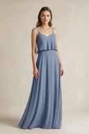 Ruffled Spaghetti Strap A - Line Chiffon Bridesmaid Dress in Neptune - SHE IS ME Bridesmaid Dresses