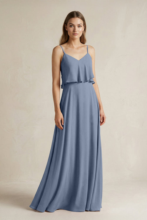 Ruffled Spaghetti Strap A - Line Chiffon Bridesmaid Dress in Neptune - SHE IS ME Bridesmaid Dresses