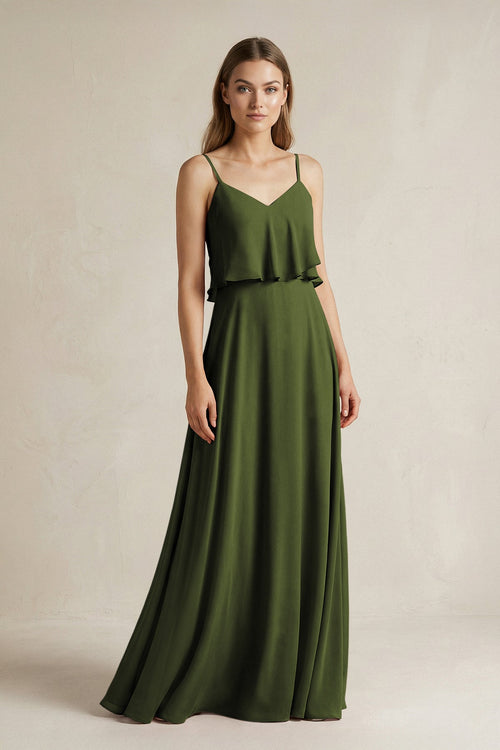 Ruffled Spaghetti Strap A - Line Chiffon Bridesmaid Dress in Olive - SHE IS ME Bridesmaid Dresses