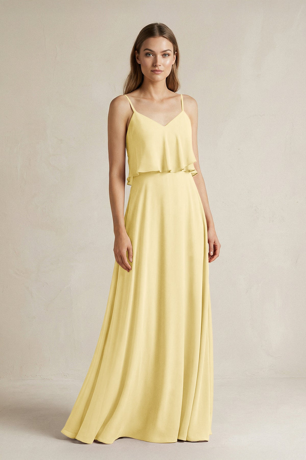 Ruffled Spaghetti Strap A - Line Chiffon Bridesmaid Dress in Pastel Yellow - SHE IS ME Bridesmaid Dresses