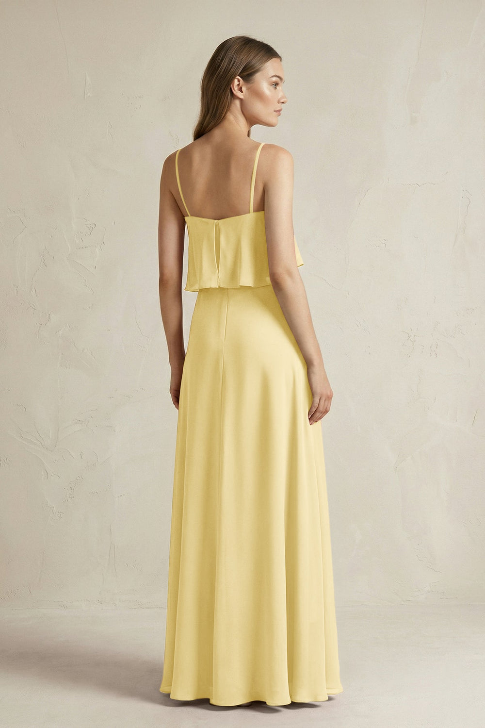 Ruffled Spaghetti Strap A - Line Chiffon Bridesmaid Dress in Pastel Yellow - SHE IS ME Bridesmaid Dresses