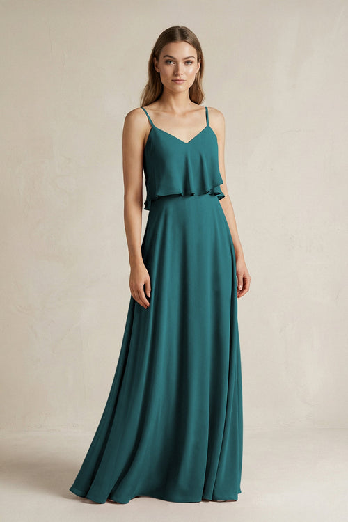 Ruffled Spaghetti Strap A - Line Chiffon Bridesmaid Dress in Pine - SHE IS ME Bridesmaid Dresses