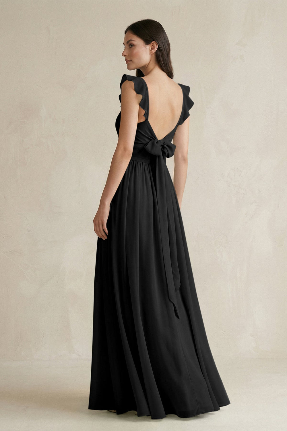 Ruffled Spaghetti Strap Chiffon A - Line Bridesmaid Dress in Black - SHE IS ME Bridesmaid Dresses