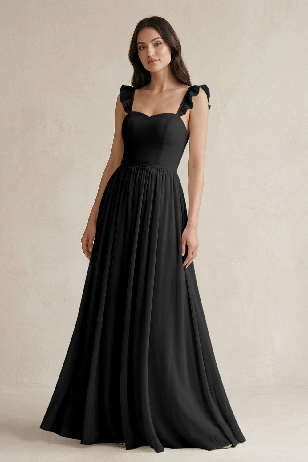 Ruffled Spaghetti Strap Chiffon A - Line Bridesmaid Dress in Black - SHE IS ME Bridesmaid Dresses