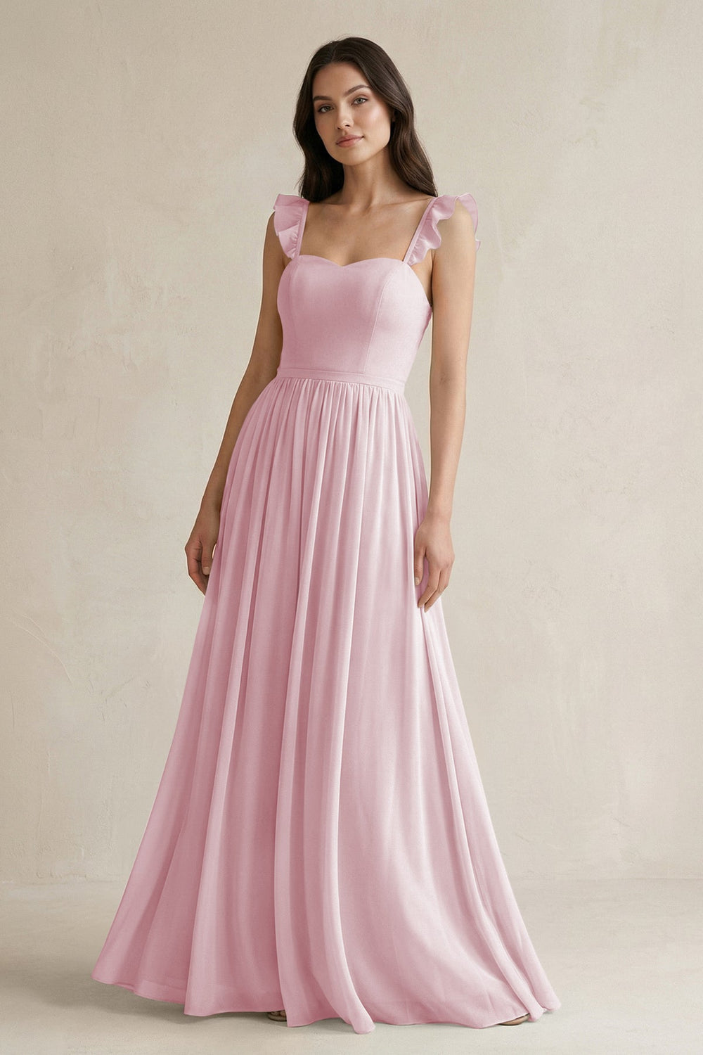 Ruffled Spaghetti Strap Chiffon A - Line Bridesmaid Dress in Candy Pink - SHE IS ME Bridesmaid Dresses